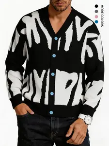 #Springfresh Men's jacquard pattern knitted cardigan -V-neck long sleeved soft knitted fabric, suitable for daily wear and casual outings men's classic dress fashion fabric pink sweater, suitable for men's and women's Chino elegant loose top college style