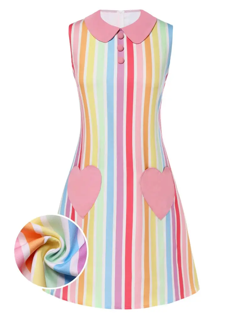 RETRO STAGE Women's 1960s-Inspired Striped Rainbow Sleeveless Dress with Heart Pocket, Boho Style Womenswear for 1960s-Inspired & Daily Casual Occasions, 1960S-Inspired Casual Dresses, Daily BackToSchool Sohochic Fall Dresses Fall outfits Fall fashion
