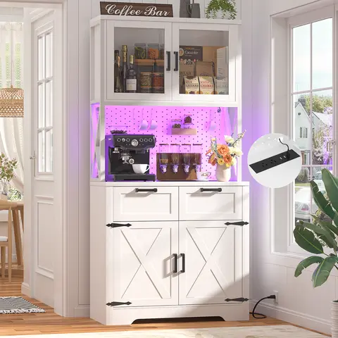 71" Pantry Cabinet with LED Light & Outlet, Tall Kitchen Pantry Storage Cabinet with Microwave Stand, DIY Pegboard, Drawers and Adjustable Shelf, Farmhouse Kitchen Hutch for Dining Room