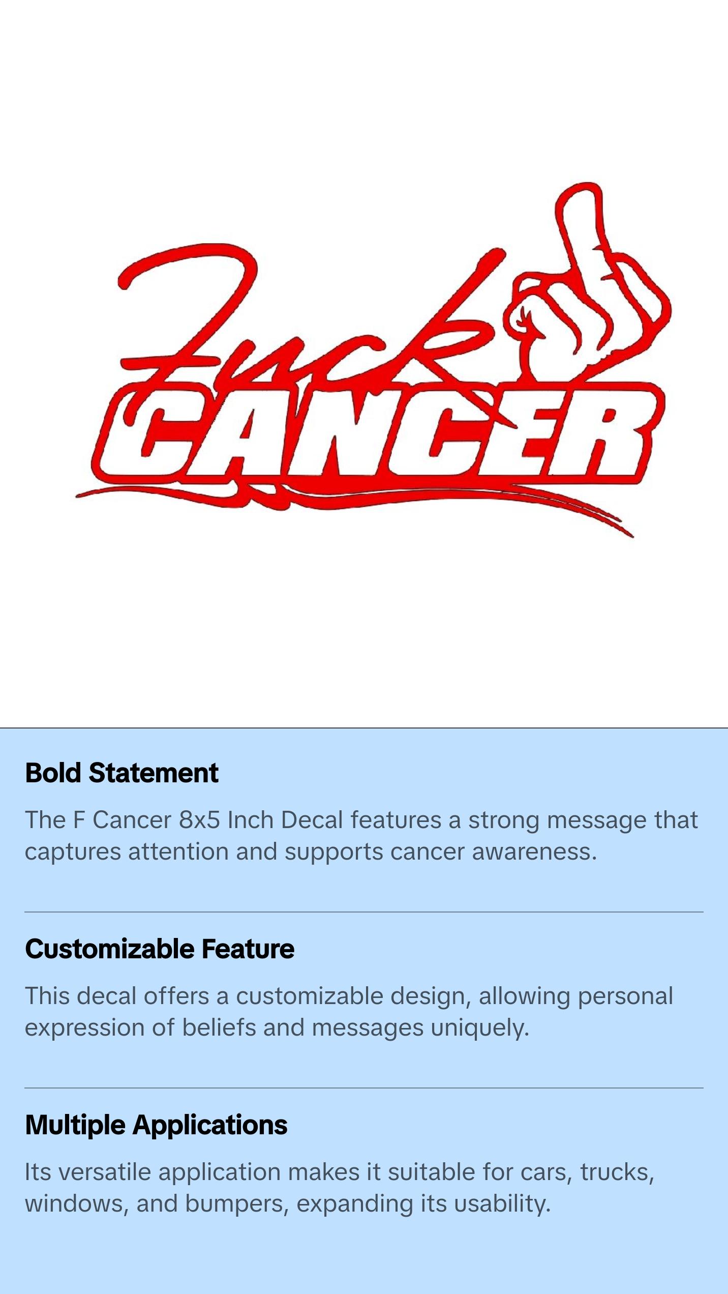 F Cancer 8x5 Inch Decal - "Fuck Cancer" Sticker for Car, Truck, Window, and Bumper - Customizable Design vinyl stickers Vehicle Exterior Decoration