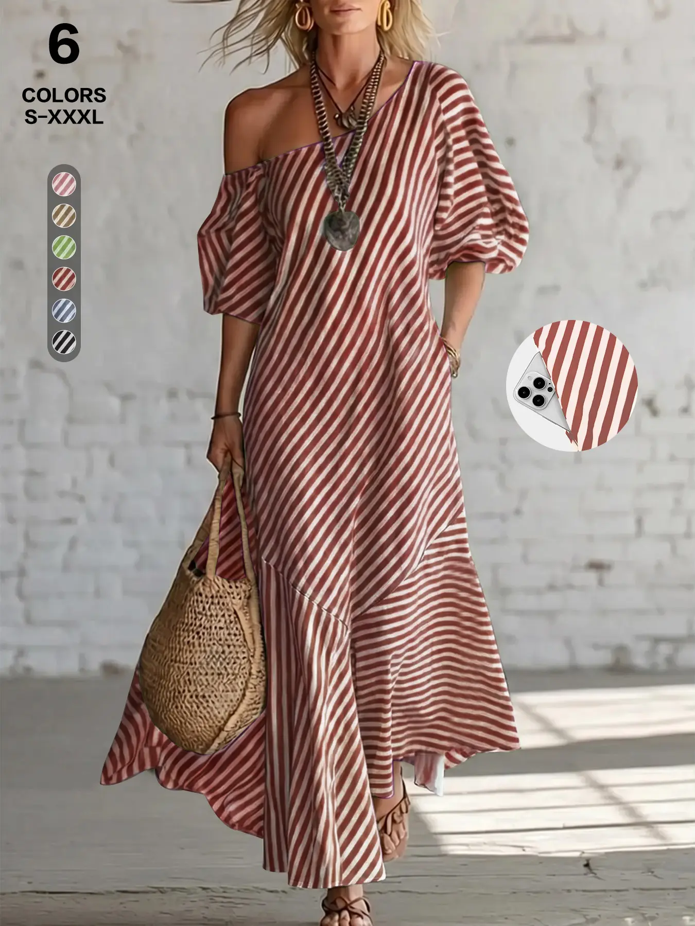 Women's Stylish Off-Shoulder Balloon Sleeve Sundress - Soft Breathable Vintage Vertical Stripe Skirt Dress - Ocean Beach Party Loungewear