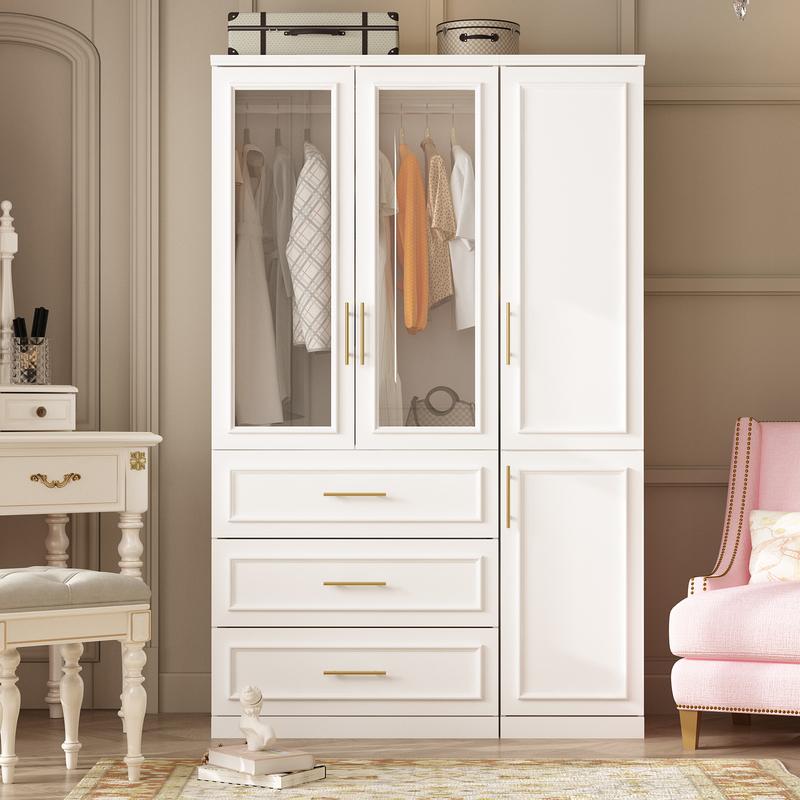FUFU&GAGA 4 Door Wardrobe Closet with Shelves, Armoires and Wardrobes Wardrobe Closet with Hanging Rod, Gold Metal Handles, Bedroom Armoire Closet