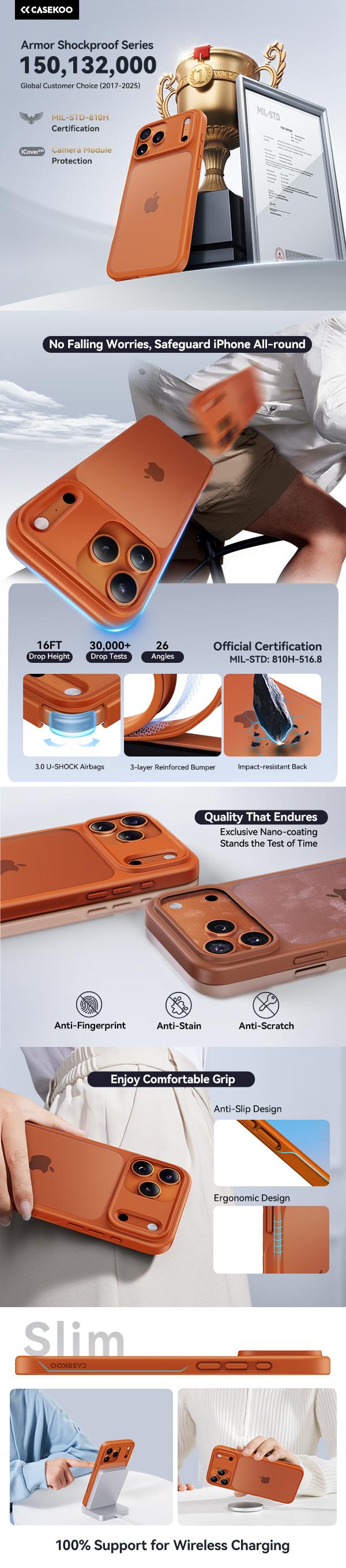 CASEKOO Cosmic Orange iPhone 17 Pro Max Case Shockproof, [Never Yellow] [15FT Mil-Grade Drop Protection] Translucent Slim Cover Women Men for 17 Pro Max Case, Frosted Black