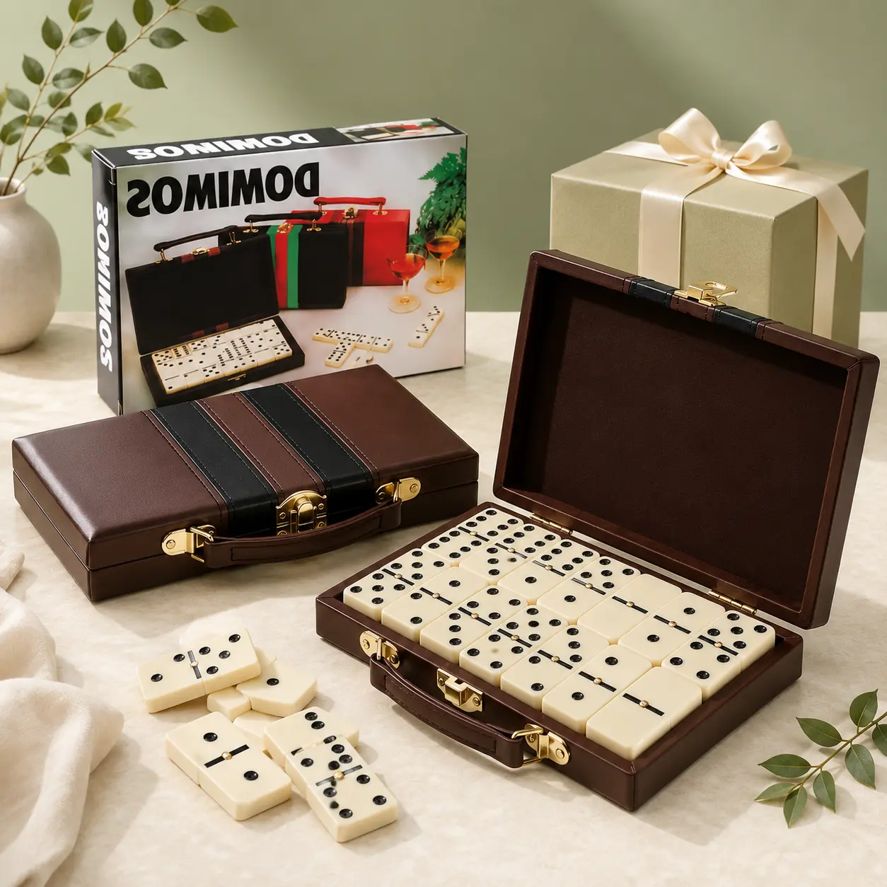 Domino Game Set with Leather Storage Case, 28 Domino Tiles in Gift Box, Classic Table Game for Family Game Night, Party, Christmas Gift and Birthday Gift
