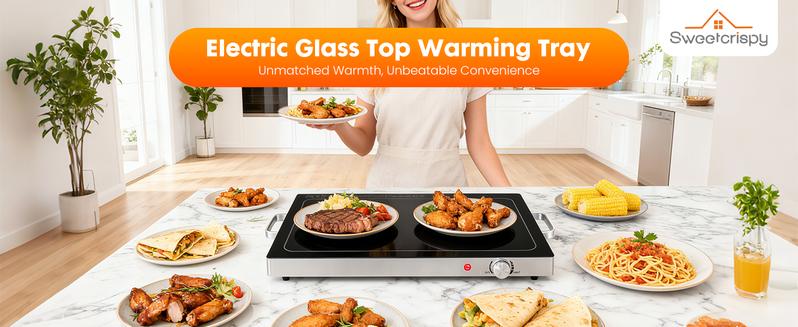 Electric Warming Tray, Glass Top Food Warmer with Adjustable Temperature Control, Easy Cleaning Chafing Dishes Easy Cleaning for Parties Buffet, Gatherings, Hot Plates for Food, Black