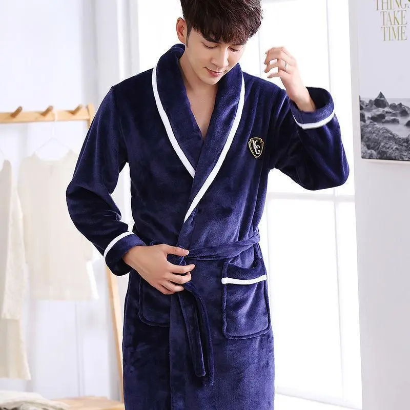 Flannel Thickened Long Section Bathrobe Men Pastoral Style Soft Polyester Blend Nightwear for Winter Autumn Warm Loungewearwomen's clothing Flannel Thickened Long Section Bathrobe Men Pastoral Style Soft Polyester Blend Nightwear for Winter Autumn Warm Loungewearwomen's clothing