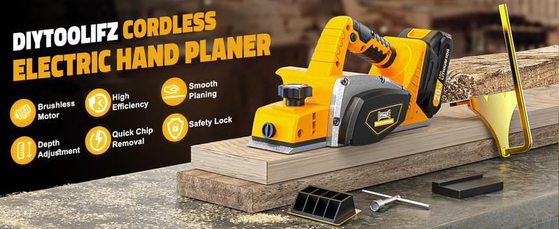 Cordless 3-1/4" Electric Wood Planer with 1x2.0Ah Battery, 15000RPM Power Planer for Woodworking Carpentry DIY Blades and Edge Guide
