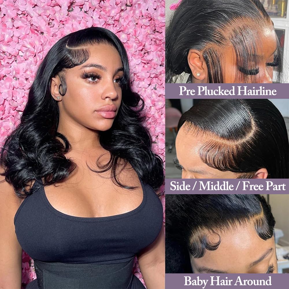 Glueless Bob Wig Human Hair Pre Plucked Pre Cut 180% Density 13x4 HD body wave Lace Front Wigs Human Hair for Black Women No Glue Upgraded Wear and Go Closure Bob Glueless ( Natural Color, 16Inch )