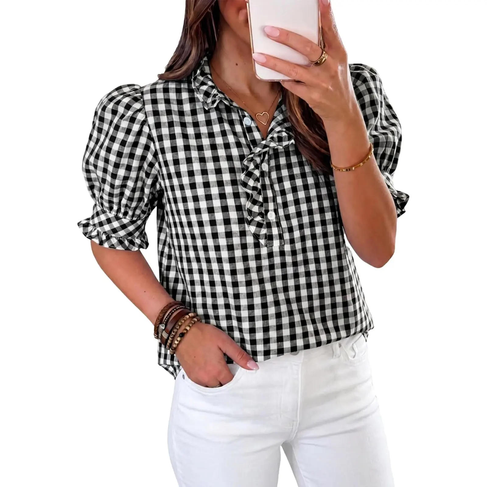 Cicy Bell Womens Summer Gingham Tops Puff Short Sleeve Ruffle V Neck Button Blouse Casual Loose Fit Plaid Shirts