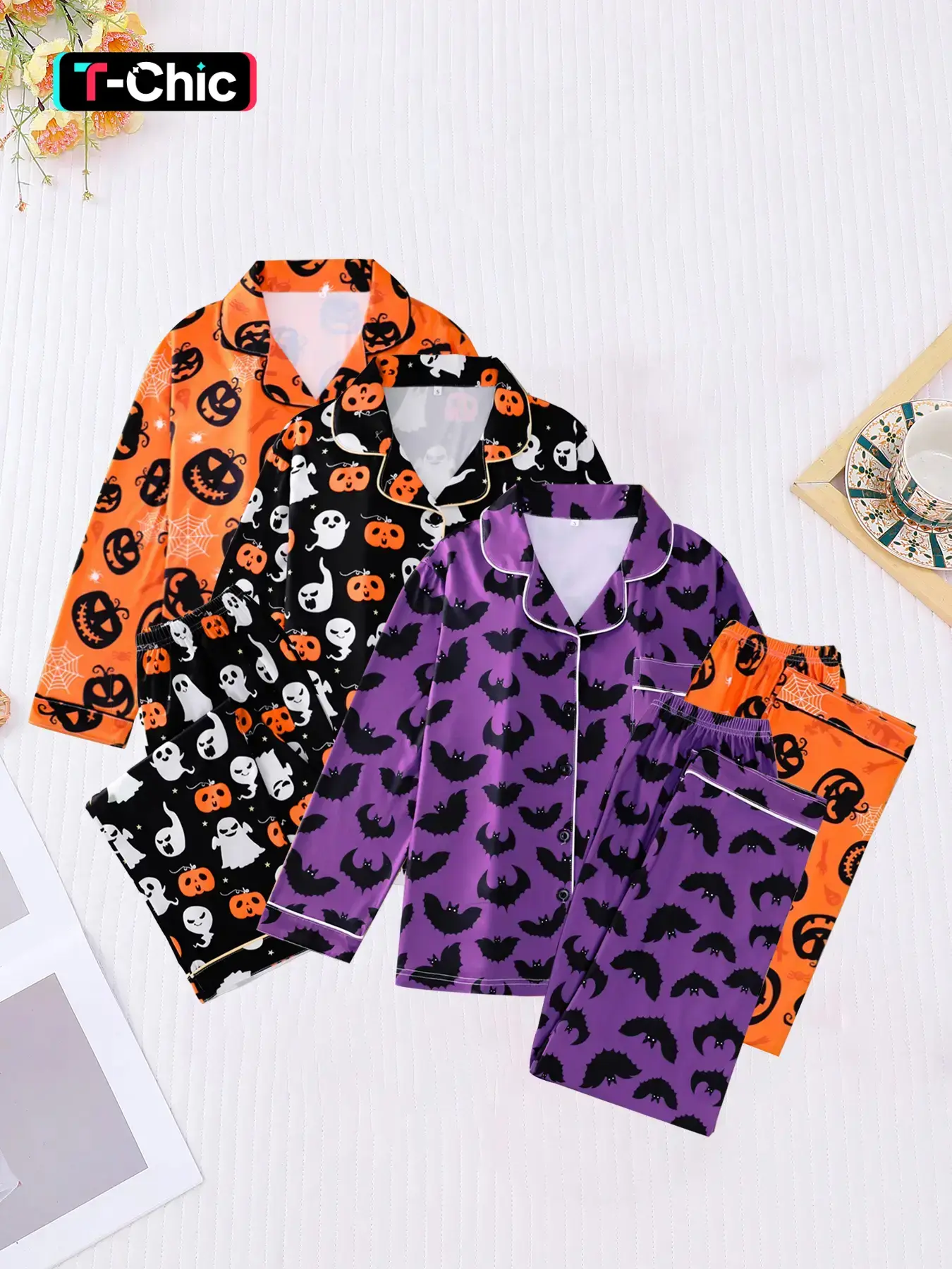 6 pieces of women's Halloween themed pumpkin lanterns, ghost bats, and other printed long sleeved pants pajamas with lapel buttons for home leisure, comfort, and festive Loungewear sleepwear set Cozy Matching Sleepwear