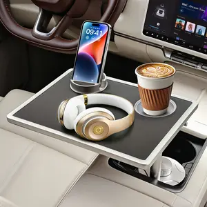 Car Food Tray & Car Table Tray with Car-Grade Aluminum Cup Holder & Phone Stand, Premium Wood with Leather Surface, 360° Rotating Car Desk for Laptop &Eating