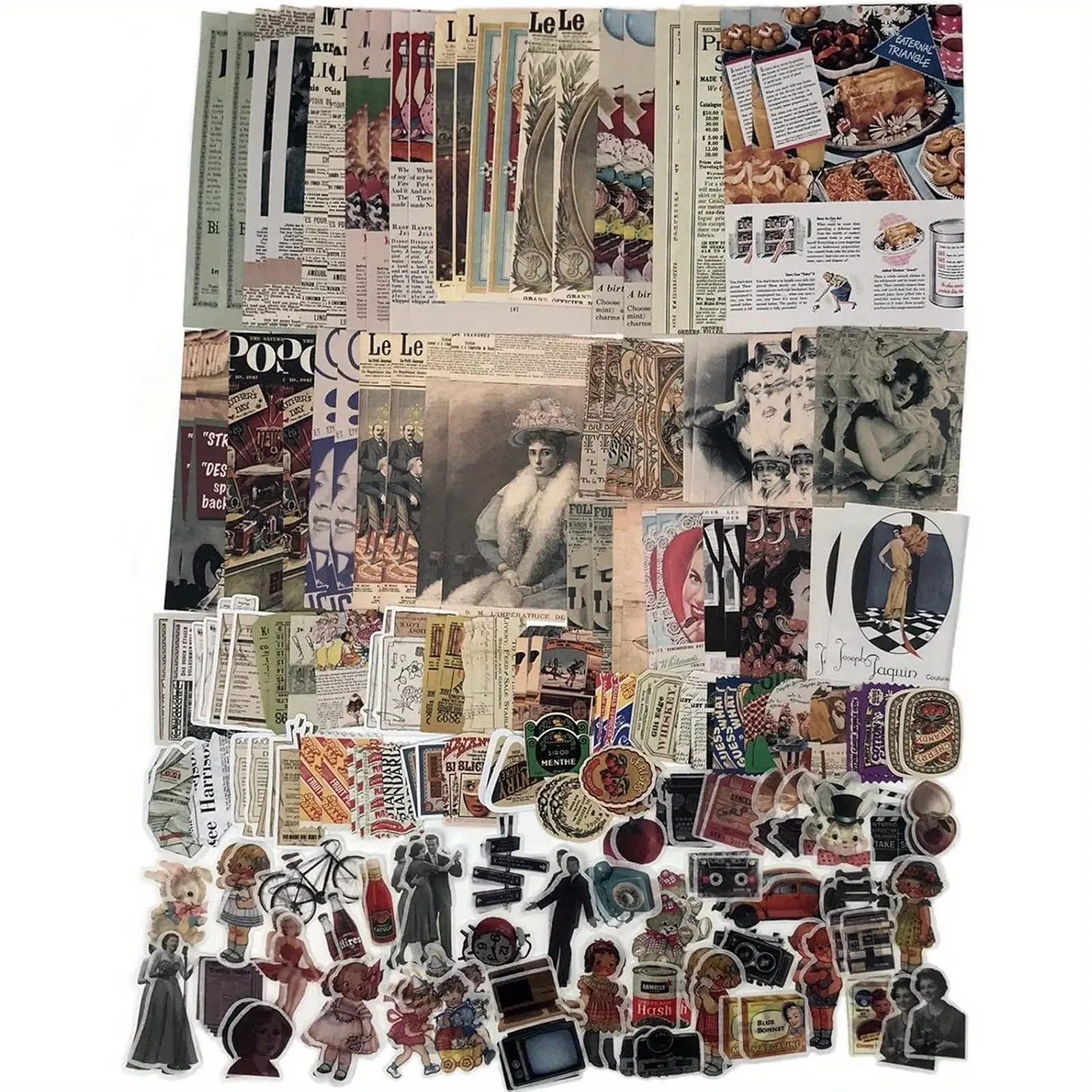200PCS Retro Memories Ephemera DIY Office Stationery Kit - Vintage Scrapbooking Decal Stickers, Rubber Stamp, Collectible Sticker Paper, Removable Sheets, Pre-Printed Sheets, Diverse Illustrations for Journaling, Cottagecore Room Decor, Decal Sticker