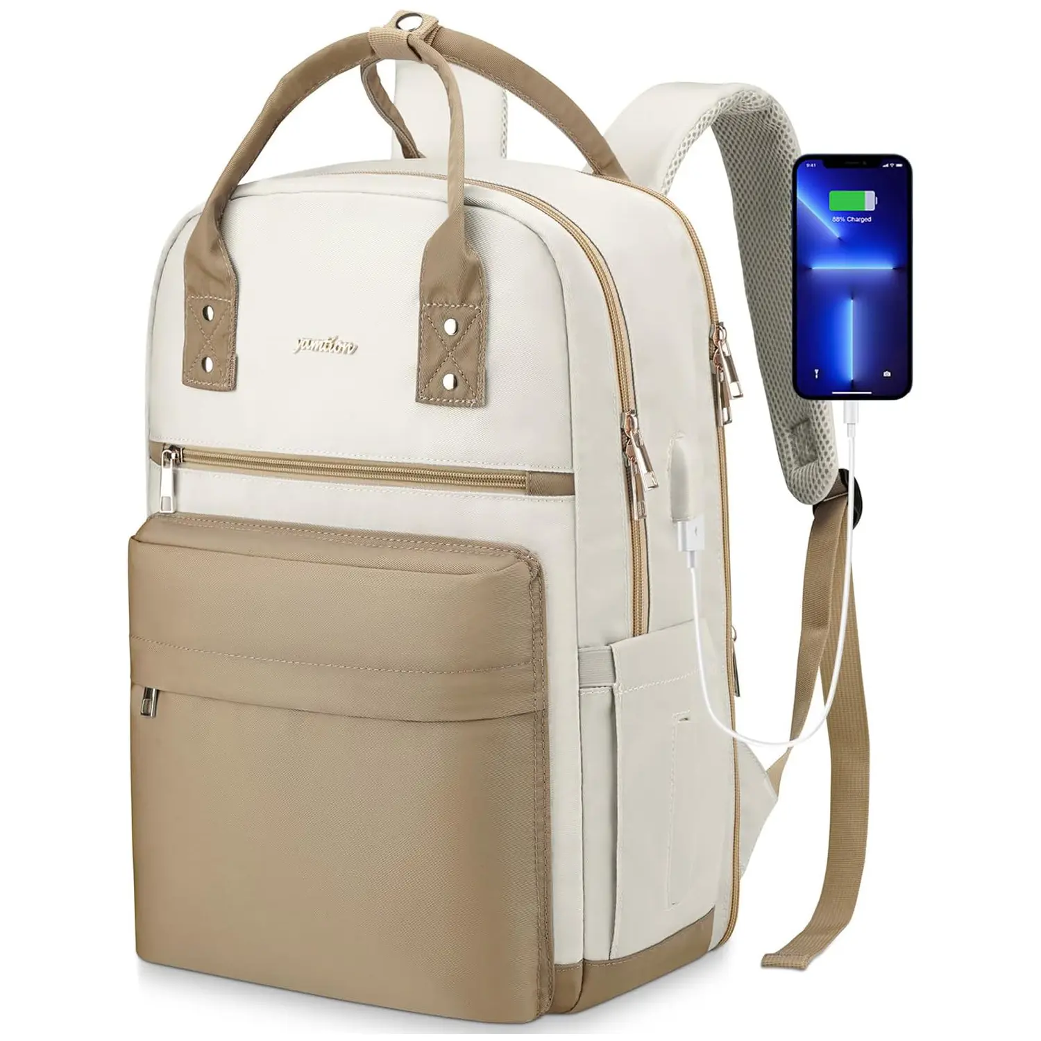 YAMTION 15 Inch Large Color Block Laptop Backpack with USB Charging Port, Water Resistant Convertible Backpack for Students & Working Adults Stylish Work Bag