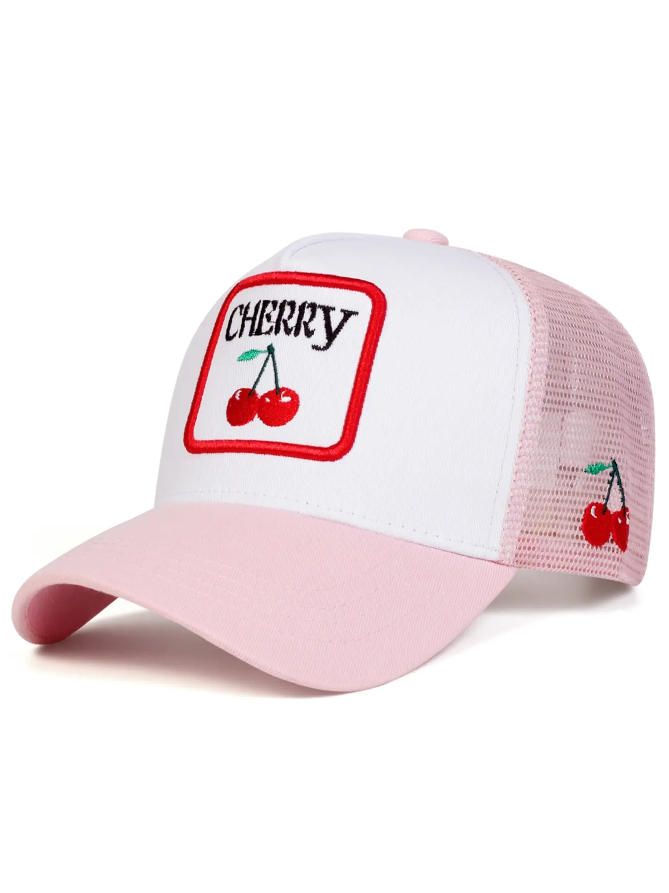 Unisex Cherry Letter Mesh Baseball Cap, Adjustable Outdoor Cap, Adjustable Sun Protection Hat, Casual Fitted Design, Perfect for Travel Beach Vacation