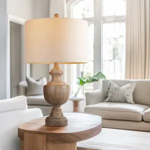 Single Pack 26.8 Inch Large Brown Resin Table Lamp, Farmhouse Bedside Lamp Trophy Shaped End Lamp with Linen Lampshade 9W LED Bulb for Living Room Study.