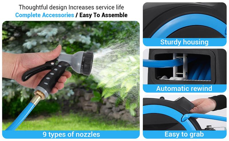 【GARVEE】Retractable Garden Hose Reel available in 65ft, 78ft, and 100ft lengths with 1/2 inch heavy-duty water hose, 9-function sprayer nozzle, slow return system, ideal for courtyards and gardens.