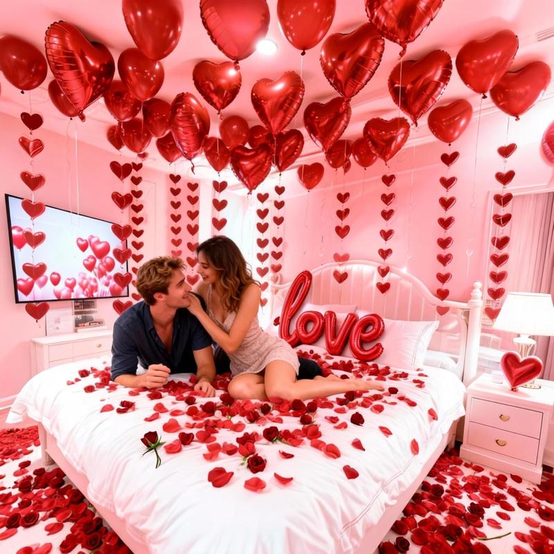 Valentine's Day Decorations Set – 1000 Rose Petals & 31 Red Heart Balloons Kit – Includes LOVE Foil Balloon & Premium Felt Heart Garland – Romantic Room Decor for Anniversary, Proposal, Wedding Night