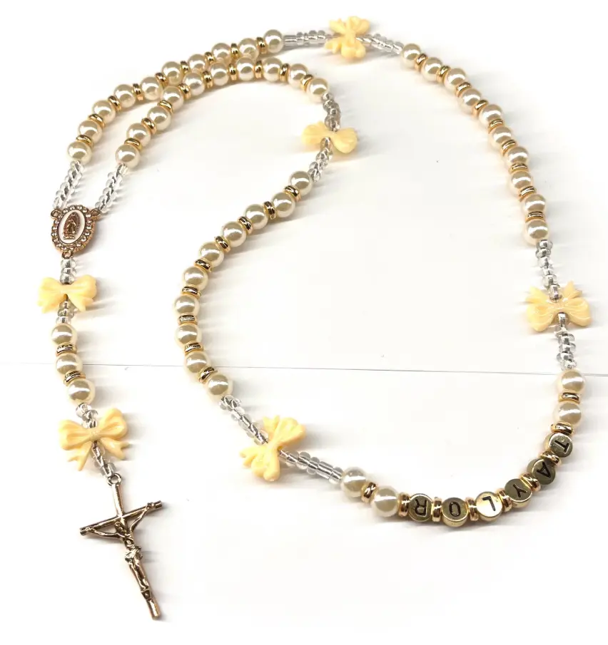 white pearl bow name rosary white pearl bow name rosary