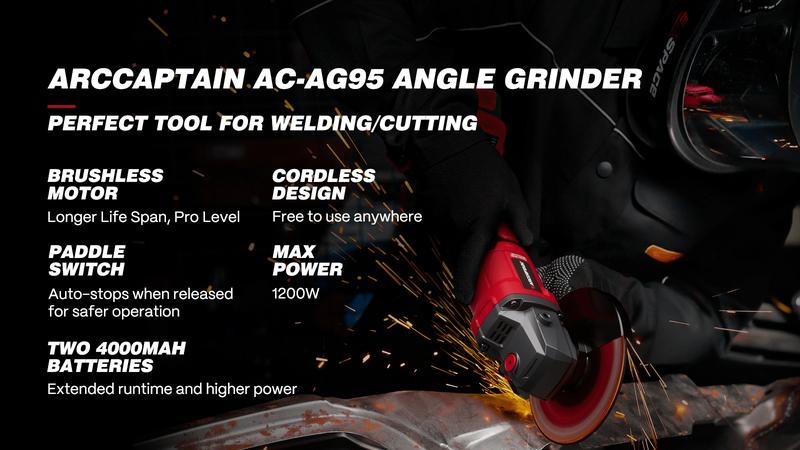 ARCCAPTAIN Angle Grinder Kit, 4-1/2 to 5",【Paddle Switch】9500RPM 1200W Brushless Power Motor Cordless Angle Grinder with 2PCS 4.0AH Batteries, 180°Rotatable Grinder Tool for Cutting/Grinding/Polishing, Holiday Haul, Best Christmas Gift for Men and Dad