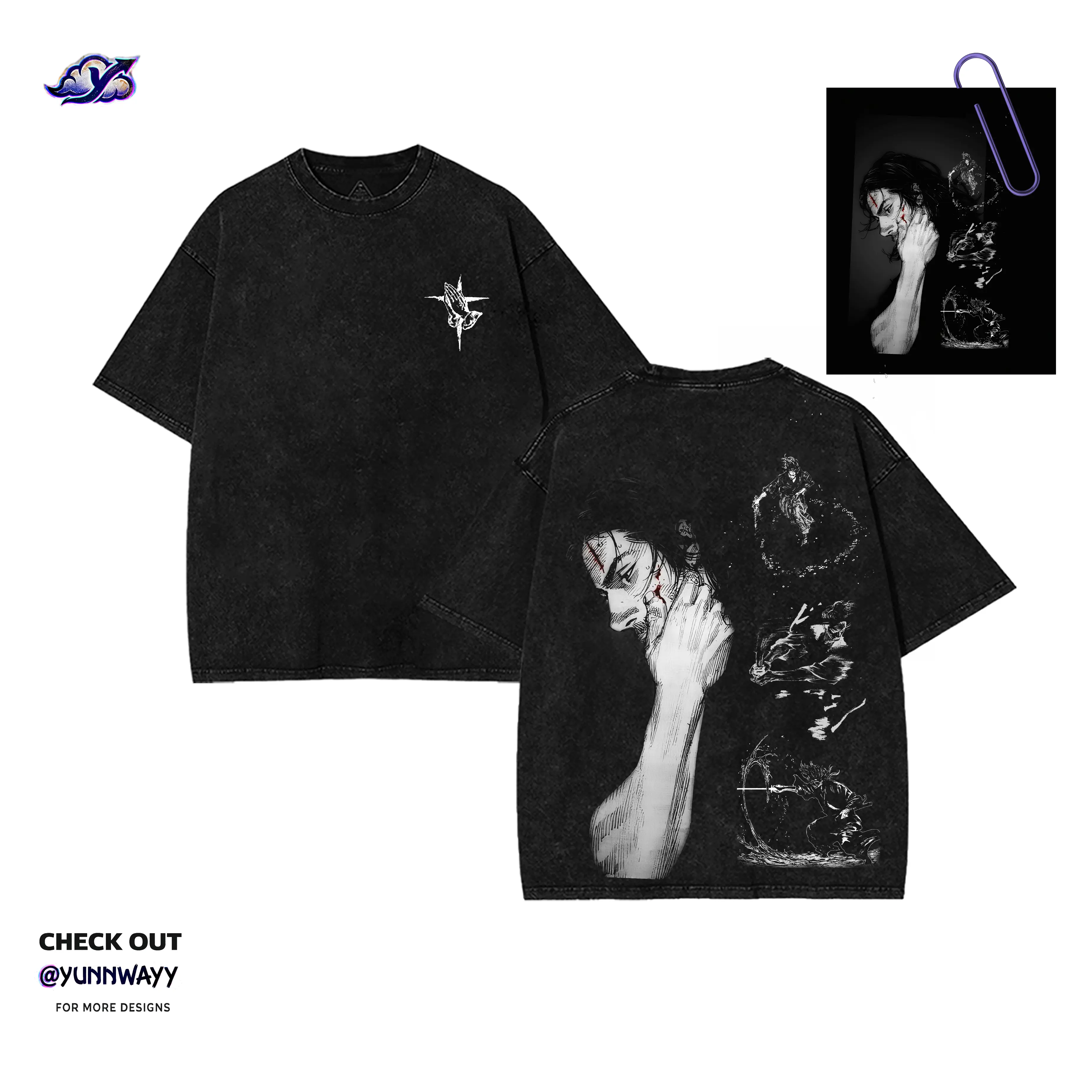 Vagabond Musashi Miyamoto Washed T-shirt, Gift Casual Streatwear Anime Manga Fans Black Shirts, Graphic Tees Men, Unisex Heavyweight Cotton Plus size Tops  Menswear