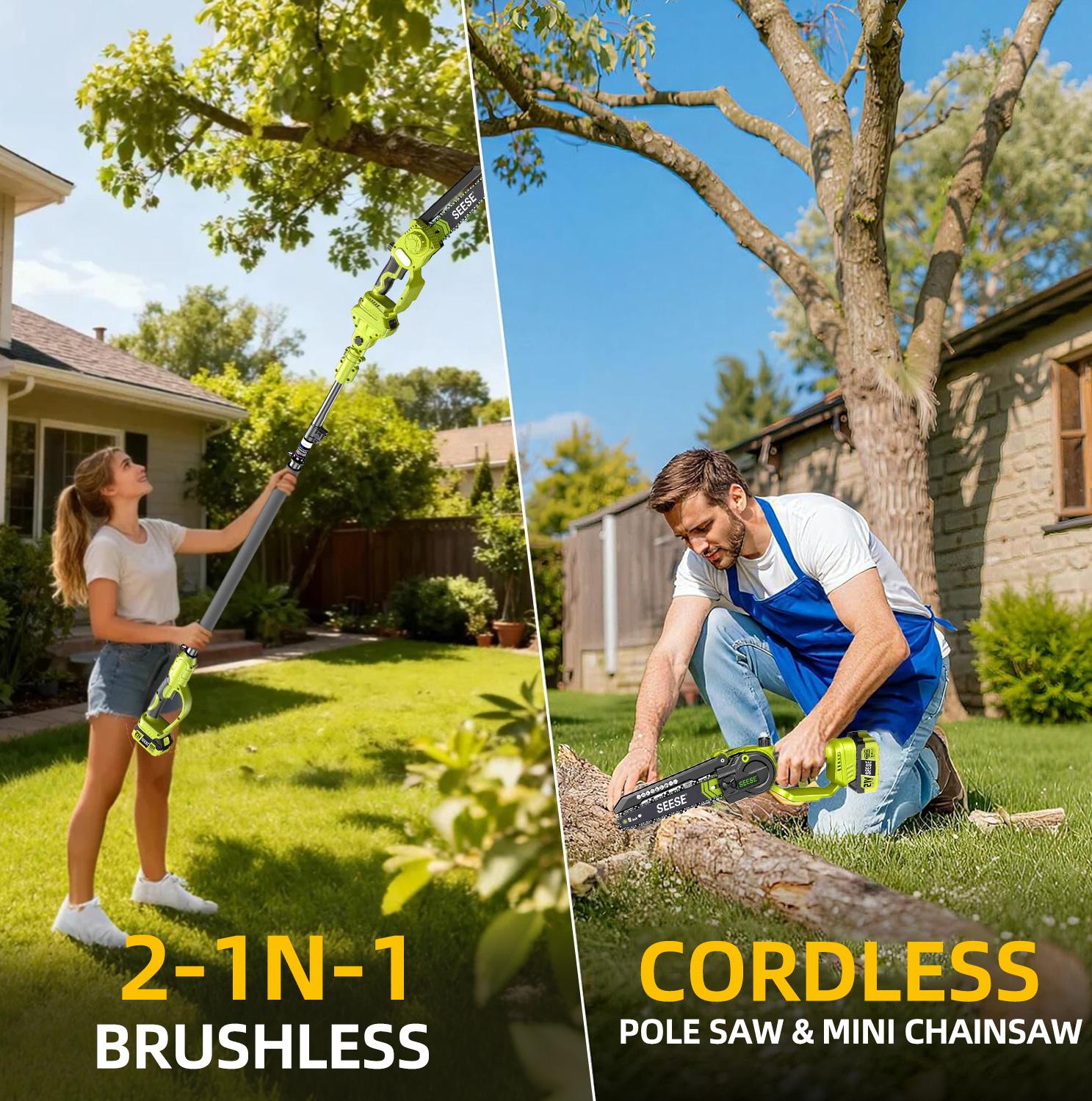 SEESE 2 in 1 Cordless Pole Saw & Mini Chainsaw with 2 Batteries, Power Electric Polesaw for Tree Trimming, Chain Saw with Detachable Extension Pole, 15ft Reach, Limb Branch Cutter Pruner SEESE 2 in 1 Cordless Pole Saw & Mini Chainsaw with 2 Batteries, Power Electric Polesaw for Tree Trimming, Chain Saw with Detachable Extension Pole, 15ft Reach, Limb Branch Cutter Pruner