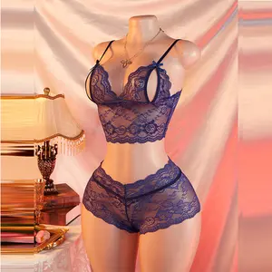 AESKEIA Solid Color Lace Lingerie Set with Bow Decoration, Hollow-Out Camisole, And Open-Crotch Shorts for Women'S Sexy Underwear, Alluring, Exotic Appeal Bridal