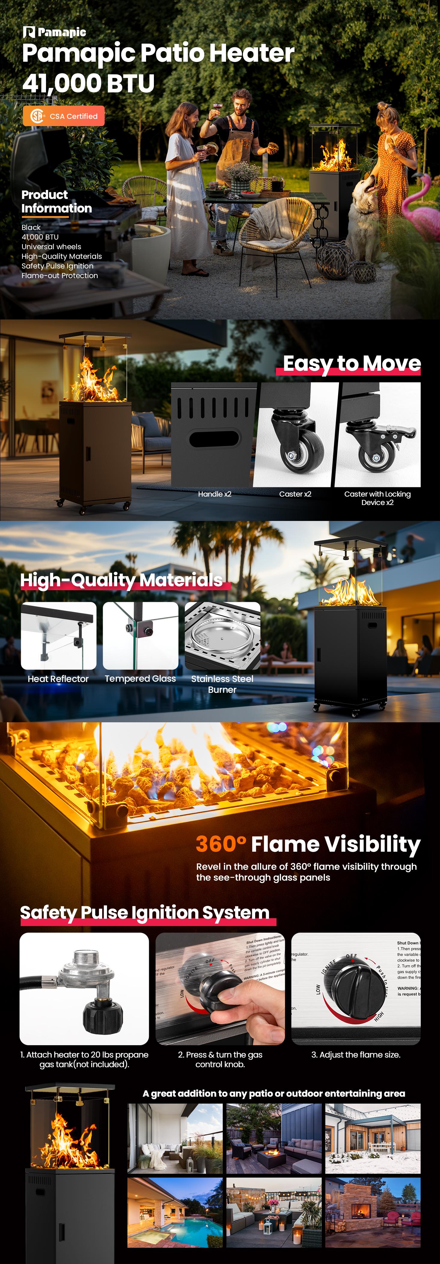 41,000 BTU Outdoor Heater,Propane Patio Heater,CSA Certificated,Outdoor Heater with Lockable Wheels,Tempered Glass,Propane Outdoor Heater for Patio,Backyard,Balcony,Poolside,Black