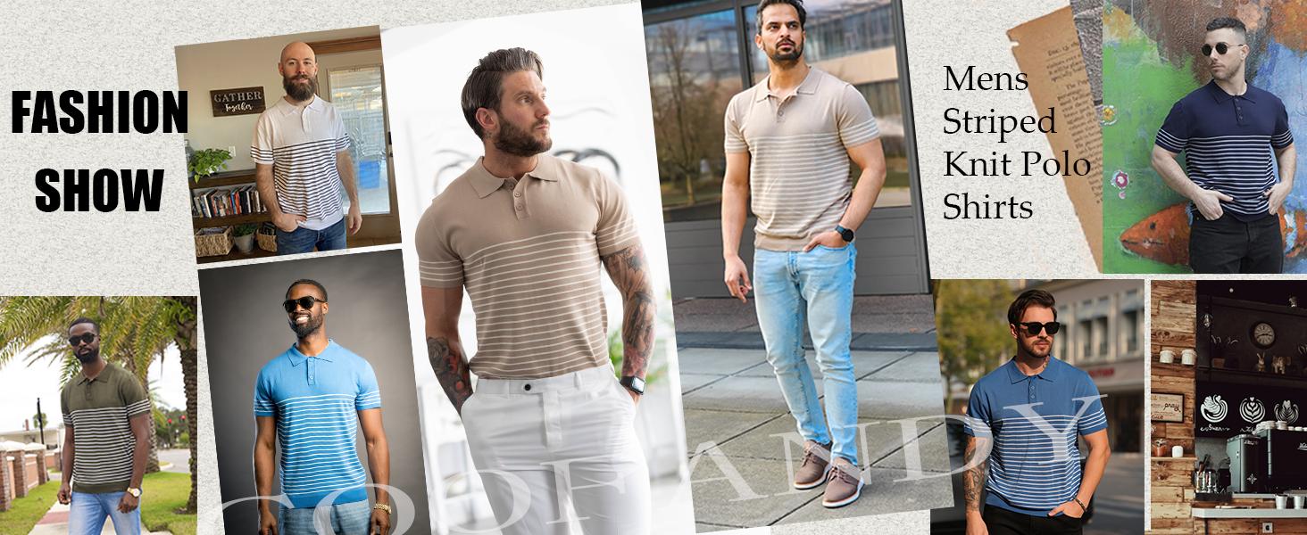 COOFANDY Men's Knit Polo Shirts Short Sleeve Striped Polo Shirt Fashion Casual Golf Shirts Breathable Menswear
