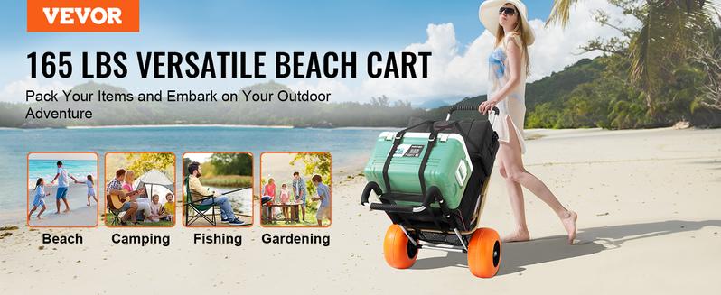 VEVOR Beach Dolly with Big Solid Wheels for Sand,  29.9" x 15.4" Cargo Deck, w/ 12" Foam Wheels, 165LBS Loading Capacity Folding Sand Cart & 27" to 44.7" Adjustable Height, Heavy Duty Cart for Beach