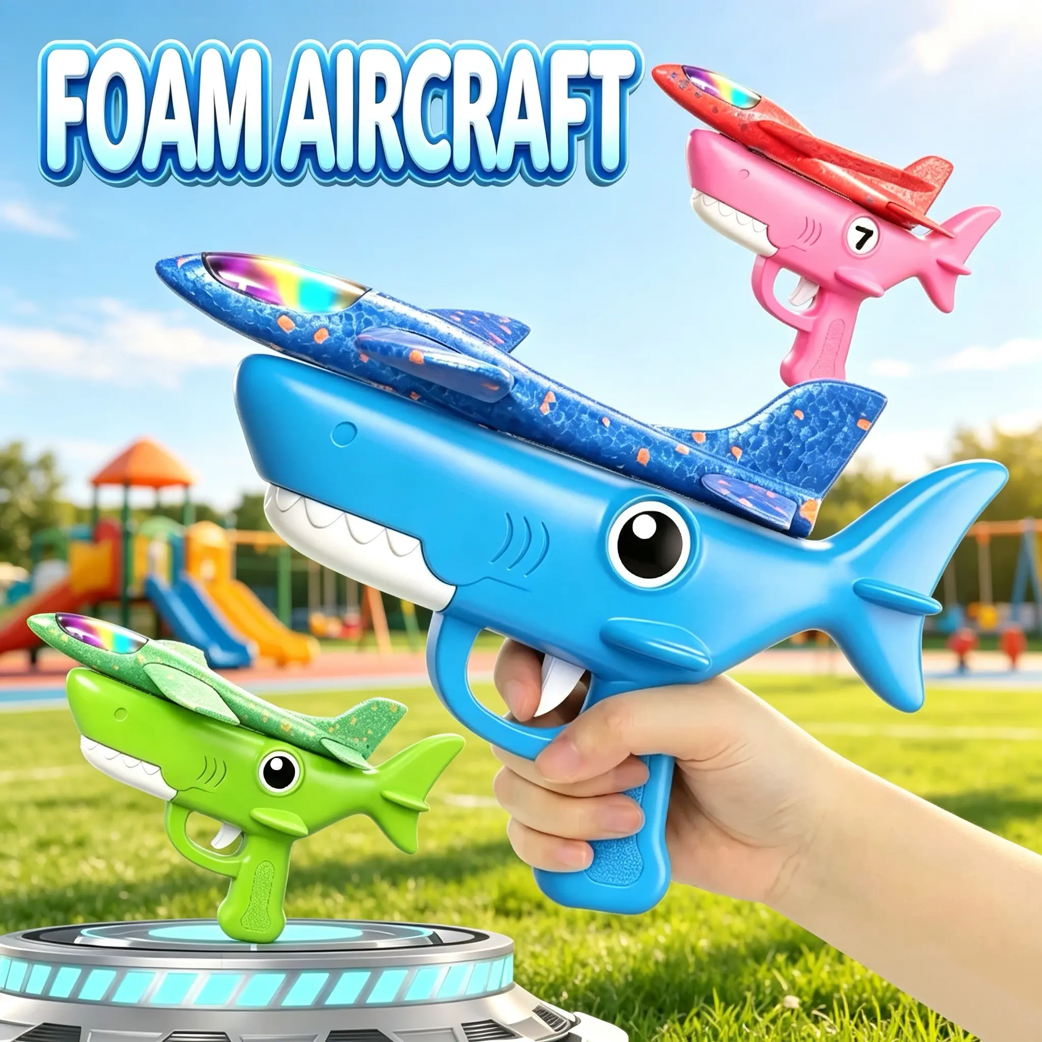 (Buy 2 Get Free Gift) Shark Airplane with light Launcher Toys, Foam Glider Catapult Toy for Kids, Outdoor Flying Airplane Toy 2 Flight Mode for Boys and Girls Ages 4-12, Birthday Gift for Kids Outdoor fun