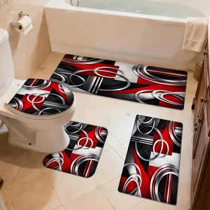 3/4pcs Bathroom Anti-Slip Mat Set, Red and Black Graphic Silvery Decoration, Home Decor Shower Room Door Absorbent Mat, Household Soft Thickened Quick-Dry Carpet, Toilet Laundry Room Accessory Foot Mat, Room Bedroom Entry Door Mat, Bathroom Bathtub