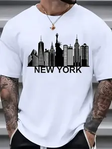Breathable Cotton New York Cityscape Print Men's T-Shirt - Casual Crew Neck, Short Sleeve, Machine Washable - White For Summer