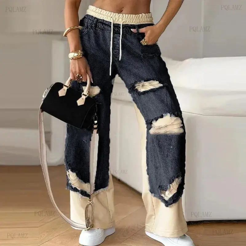 New2025Women's Vintage Denim Joggers - Hip Hop Loose Sweatpants w/ Hole & Splicing Design |         Casual Streetwear  Jean Womenswear Adjustable Blouse Bottom