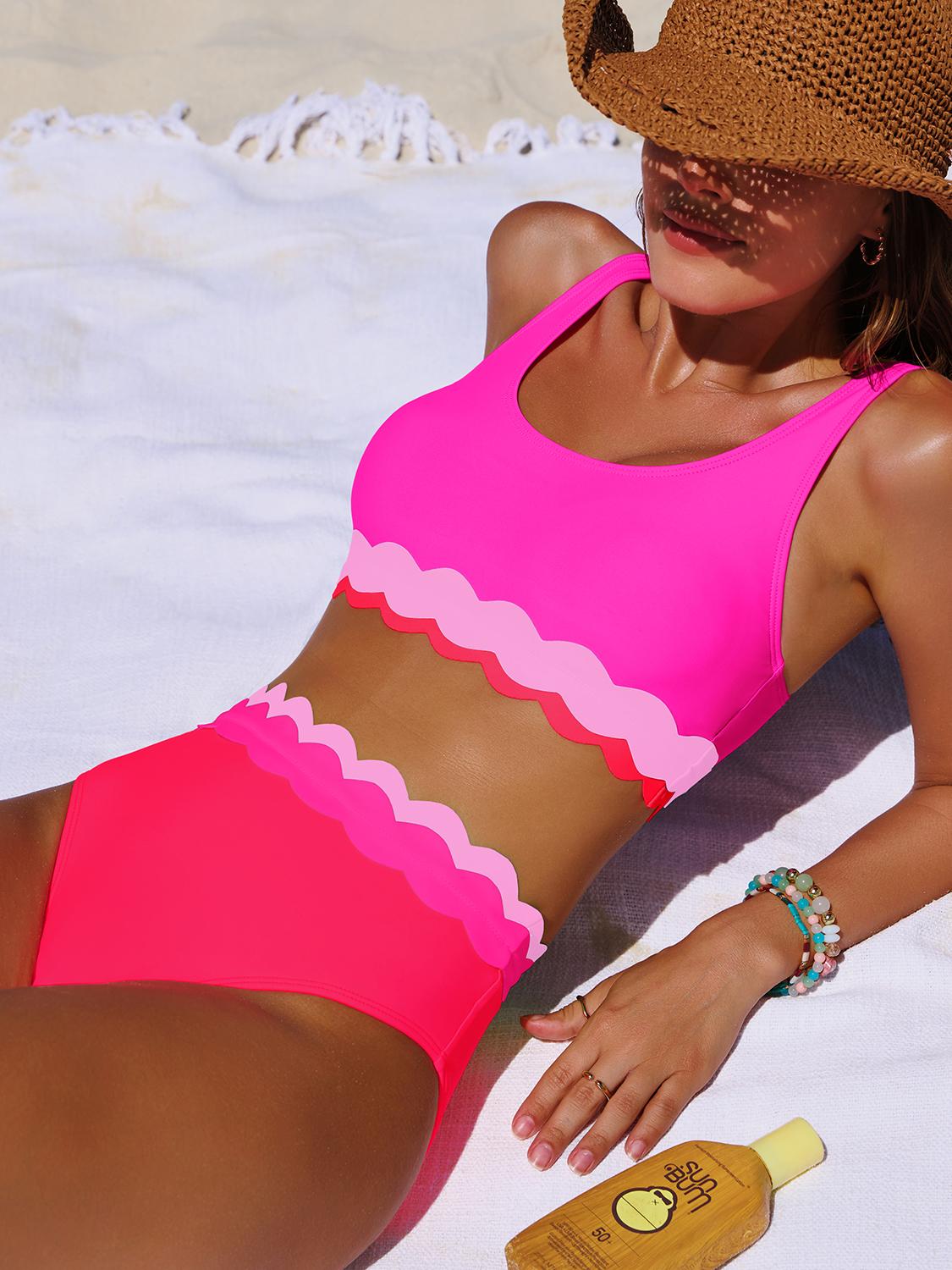 Popvil Resort Petal Edge High-Waisted Slimming Bikini Set Vacation Scalloped Trim Bikini Set for Women