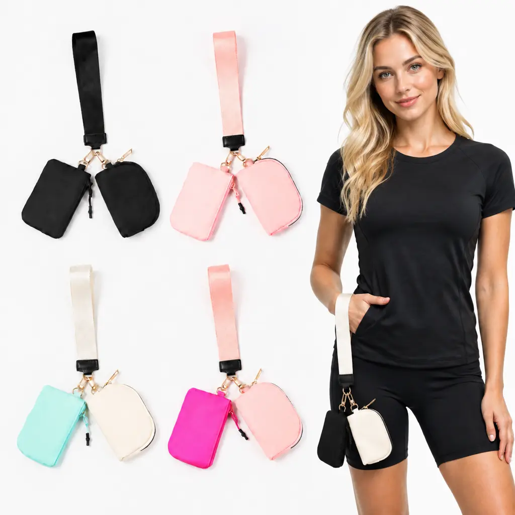 Women's Casual Minimalist Durable Nylon Wristlet Wallet - Dual-Pouch, Detachable Wrist Strap, Keychain, Heavy-Duty Hardware, Metal Clips, Lip Balm Ready - Travel Pouch, Clip-On Keys/Cards, Back to School Use