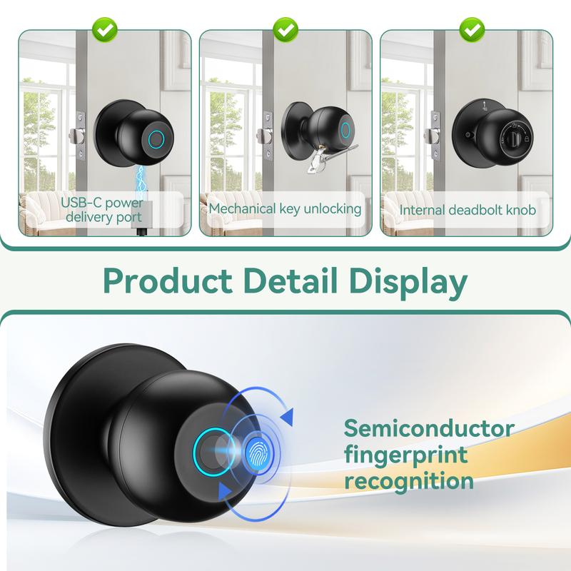 Smart Fingerprint Door Knob Keyless Entry 3-in-1 Biometric Knob Lock APP Control Bedroom Home Privacy