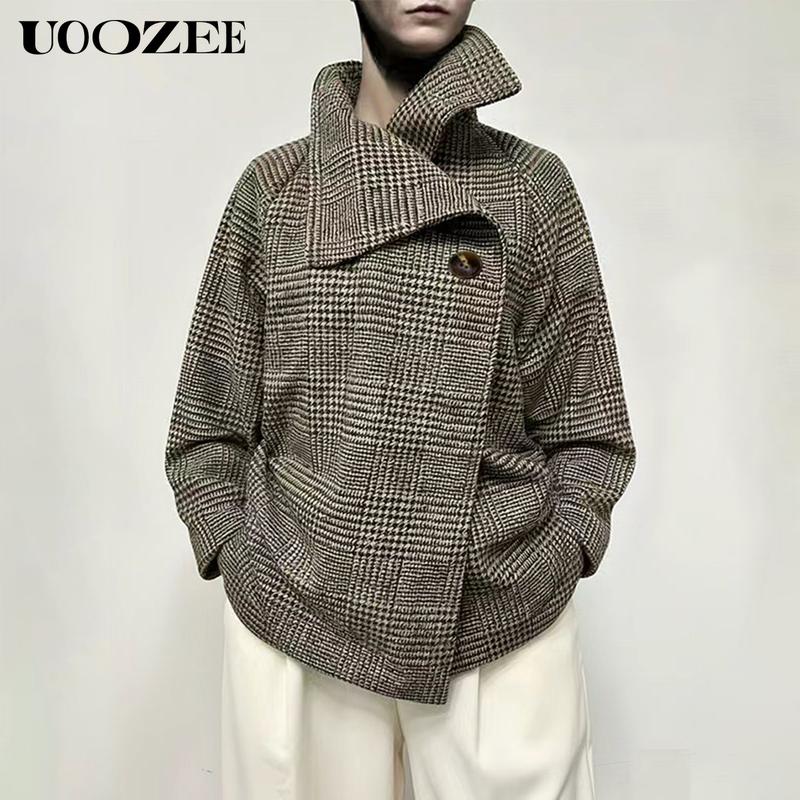 UOOZEE  TikTok Exclusive Women's 2025 New Autumn Winter Coat Plaid Stand Collar Jacket, Fashion Retro Plaid Houndstooth Pattern Button Asymmetric Light Coat for Commuting, Casual Outing or Dating Fit Womenswear Elegance winter outfits coat jacketswomen