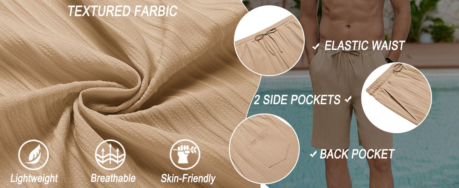 COOFANDY Men's Beach Shorts 9" Elastic Waist Drawstring Casual Shorts Regular Fit Summer Textured Shorts