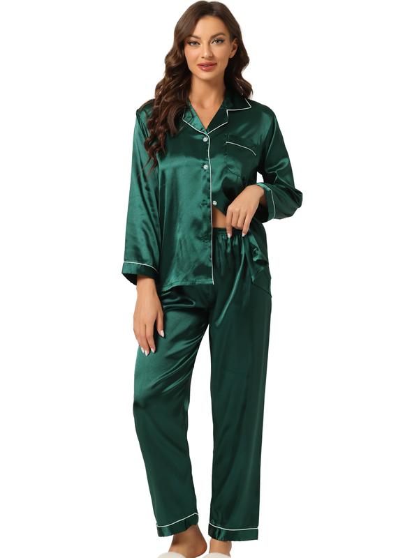 INSPIRE CHIC Satin Night Suits Sleepwear Button Down with Pants Silky Lounge Sets Dark Green