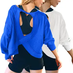 Buenoble Open Back Workout Top for Women Long Sleeve Cropped Athletic Shirt Casual Crop Yoga Tee Women's Sports T-Shirt Gym Outfits Athleisure Style