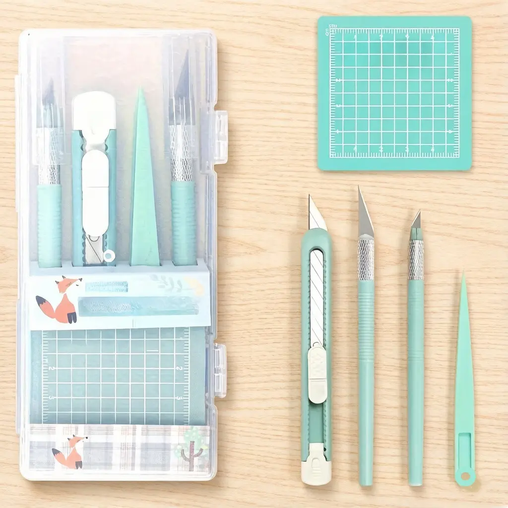 Mint-Colored Craft Knife Set, Transparent Storage Box & Grid Cutting Pad & Multiple Blade Types, Portable Precision Cutting Tools, Office Cutting Supply, Cutting Supplies for Home & Office