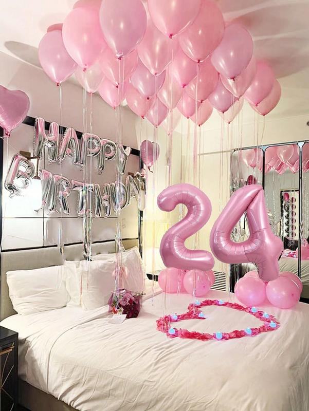 Pink & Silver Balloon Garland Birthday Set, Includes 40inch Foil Number Balloons, Pink Rose Petals, Suitable For 16th, 18th, 20th, 21st, 25th, 30th, 35th, 45th Birthday Party Decoration