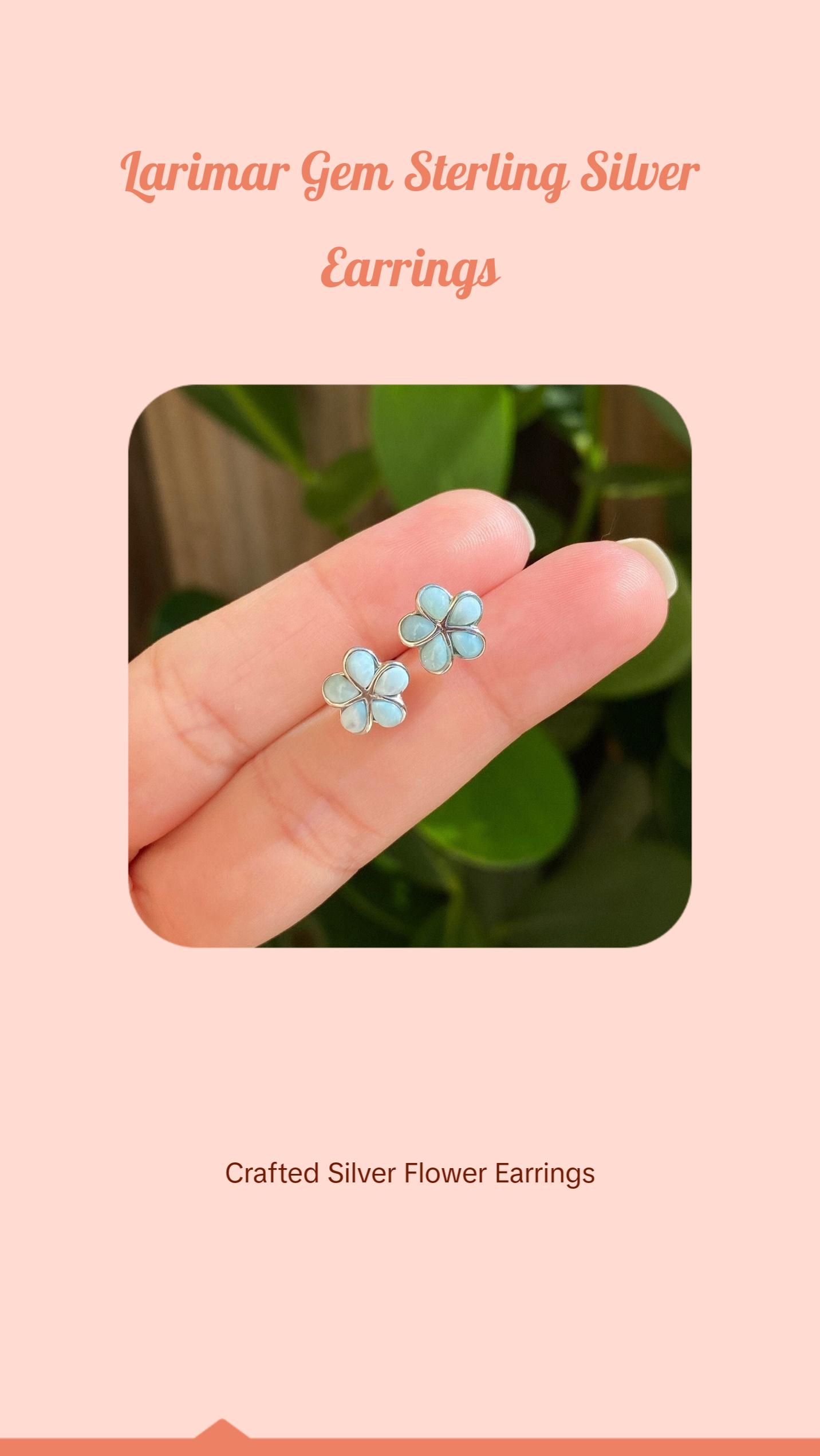 Sterling Silver Flower Earrings with Natural Larimar Gemstone