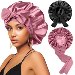 2Pcs Silk Hair Satin Bonnet for Sleeping Women,Large Satin Sleep Bonnets for Women with Elastic Tie Band Silk Hair Wrap with Ajustable Straps,Night Sleep Cap for Curly Braids,Black+Rose Gold