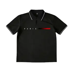 Men’s lightweight summer short-sleeve polo shirt with Paris letter print and buttoned turn-down collar—fashionable for casual wear, sports, outings, business work, golf, fishing, camping, and gifting to a boyfriend or husband; trendy holiday outfit.