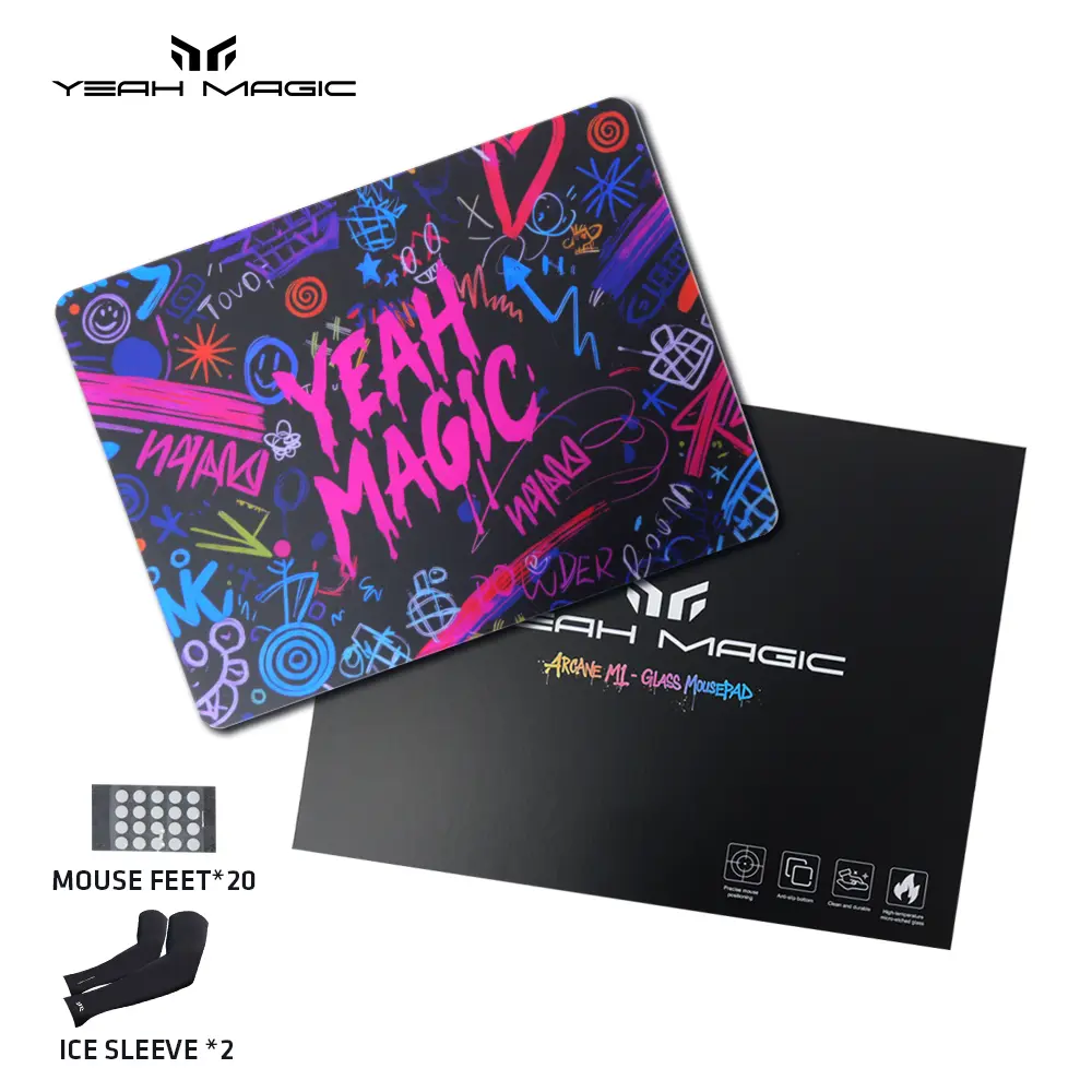 YEAH MAGIC Arcane M1 Micro-Etching Glass Gaming Mouse Pad,Micro-Etched Surface,Professional Esport Tempered Glass Mouse Pad,Anti-Slip Base,with Gaming Arm Sleeve,Speed Mouse Skates,12.20 × 16.14 INCH