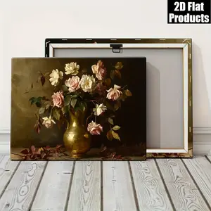 2D Flat, izable Large/Small Antique Brass Vase Still Life Wall Art - Framed/Bordered Canvas Print with Beige/Golden Tones - Picture Service Available - Elegant Home & Office Decor ( Design) - Flat Panel Decorative, 2D Flat	
