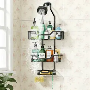 Hanging Shower Caddy Over Shower Head for Shampoo, Bathroom Organizer with 12 Hooks for Towels, Sponge, Razor, Rustproof Shower Storage Shelf Racks, 1 Soap Holder 1 Toothpaste Holder - Black 3-Tier