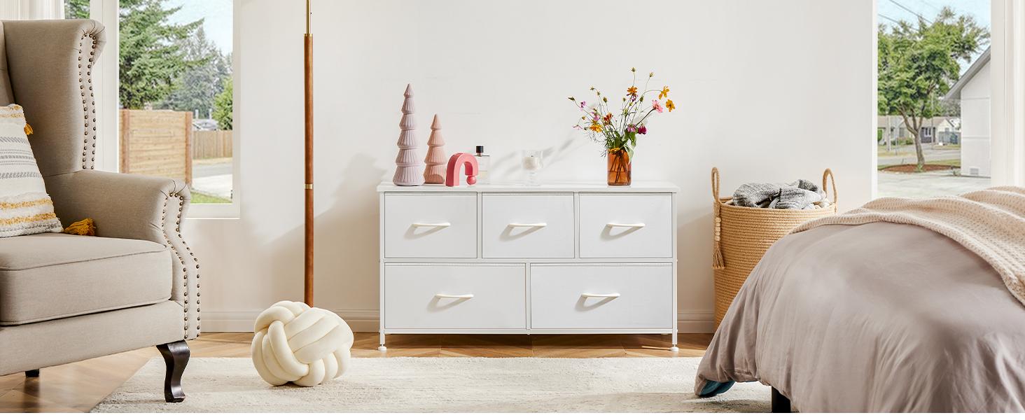 【Super Sale】Cupboards Cabinets Dresser - Fabric Storage Tower with 5 Drawers, Bedroom Organizer, Chest of Drawers with Fabric Bins, for Bedroom