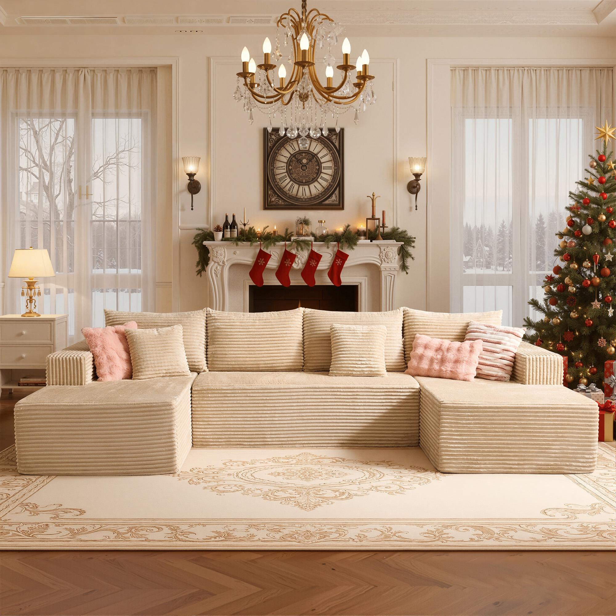 OOSWIFT 135"Oversized U-Shape Cloud Couch Plus Sectional with Chaise - Modern Modular Boneless Sofa Set Includes 6 Soft Pillows & Lounge Chairs, Plush Corduroy Fabric for Living Room & Large Spaces,Christmas gift